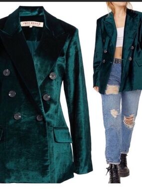 Free People Teal Green Velvet Double-Breasted Blazer